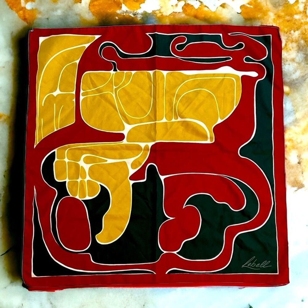 Vtg.Lebell Scarf Italian Signed Artsy Art Deco Abstract Square‎ 70s Retro Glam